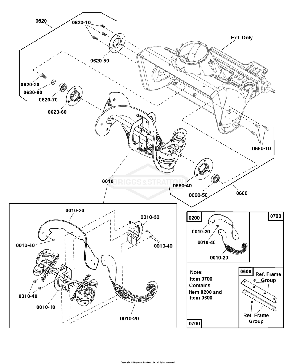 Auger Group Diagram and Parts List for 1697293-00 (1222EE)(2020) Briggs and Stratton Snow Blower